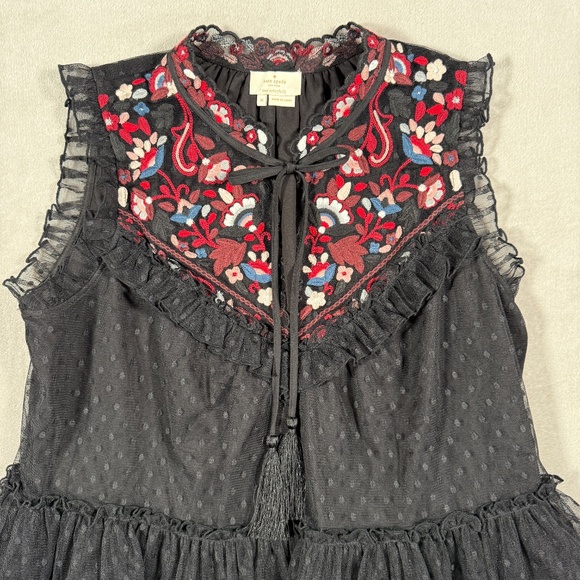 Kate Spade Blouse Womens Size Medium Black Camellia Embroidered Peplum Ruffle - Picture 2 of 13